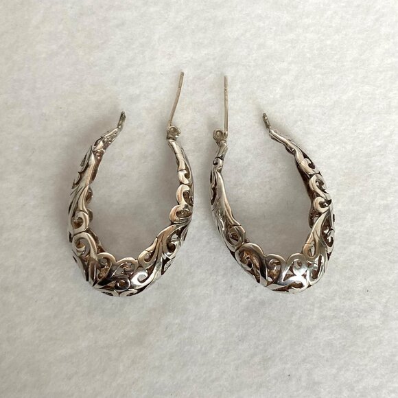 VTG Jezlaine Sterling Silver 925 Pierced Hinged Scrollwork Oval Hoop Earrings - Picture 5 of 16
